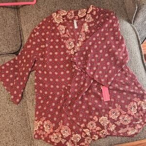 Xhilaration Burgundy Floral Ruffle V-Neck Tunic